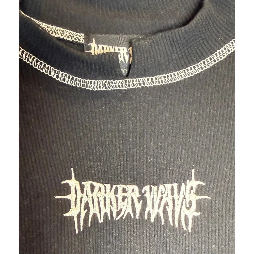Darker Wavs Black Ribbed Logo Long Sleeve Top Grunge Gothic Y2K
